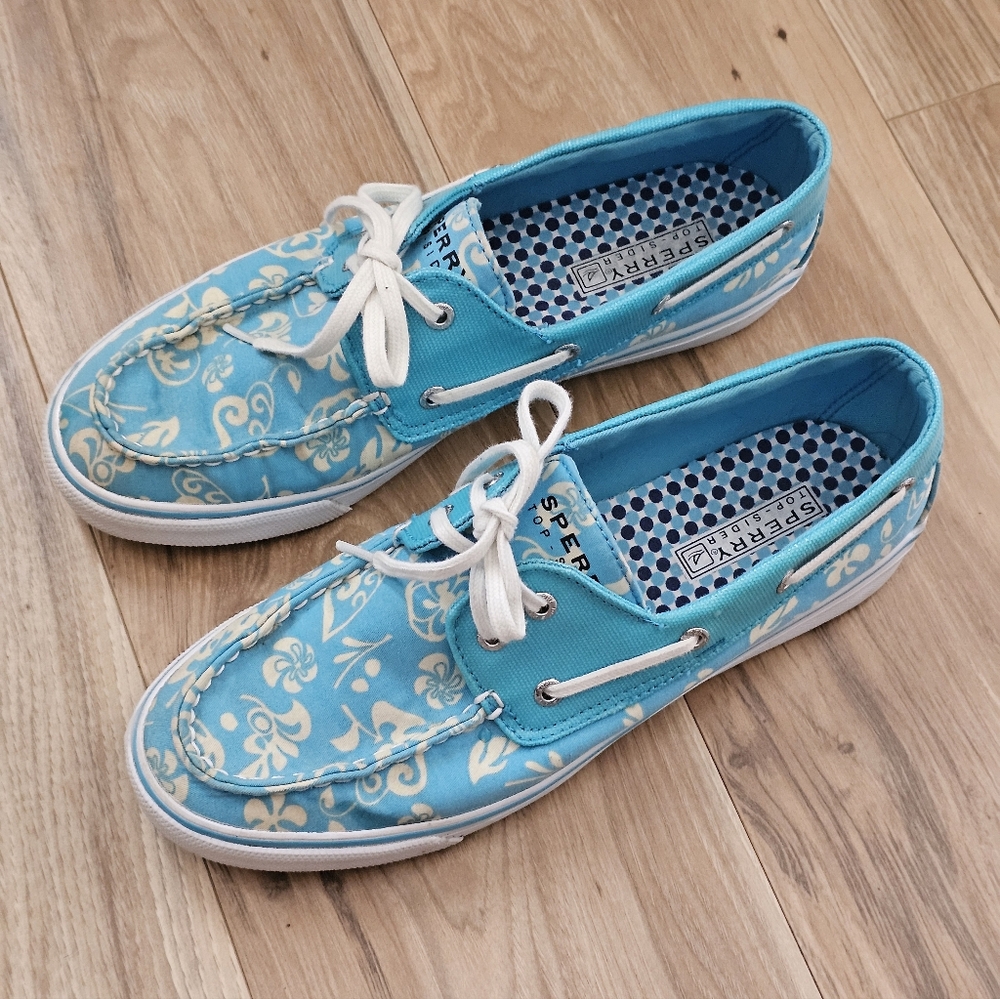 Sperry Top-Slider Floral Canvas Blue & Cream Boat Shoes  Size 8.5 - Picture 5 of 11